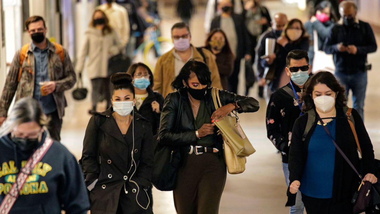 Masked commuters at Union Station in Los Angeles on November 10.