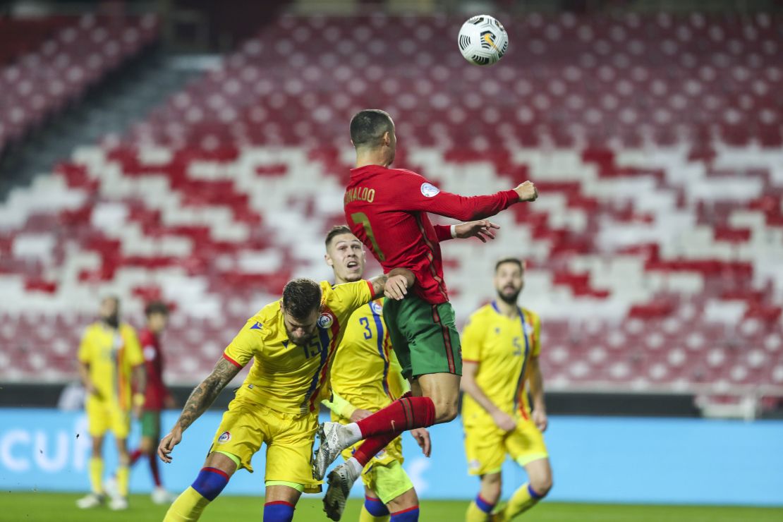 Ronaldo heads in for Portugal against Andorra.