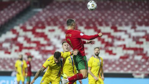 Ronaldo heads in for Portugal against Andorra.