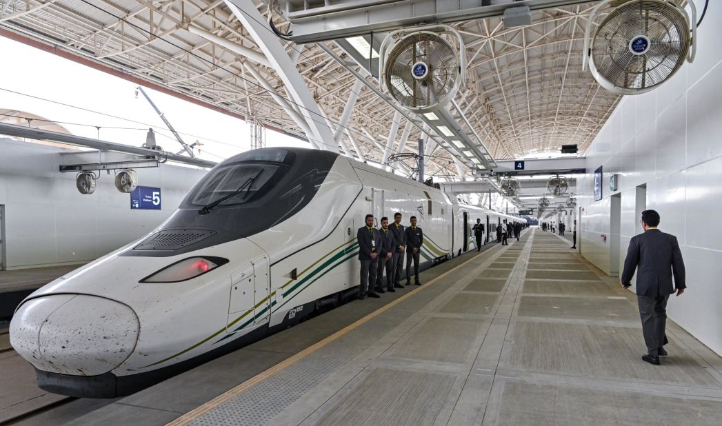 <strong>The Gulf Cooperation Council Railway: </strong>This long-mooted international project aims to link multiple nations across the Arabian Peninsula.<strong> </strong>Pictured: A Haramain High Speed train operating at an airport station, part of the Saudi network's expansion which connects the cities of Mecca and Medina. That railway runs for 280 miles and trains can reach speeds of up to 187 miles per hour.