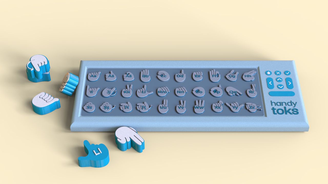 <strong>A tool to learn sign language:</strong> "Handy Toks" is a tool for learning sign language in two steps. The first step uses figurines to teach the basics. The second step uses a keyboard which uses sign language characters. When typing a word, the computer connected to the keyboard displays a possible definition with a video example. The system was designed by Catalina Dontu, a student at Bucharest National University of Arts in Romania.