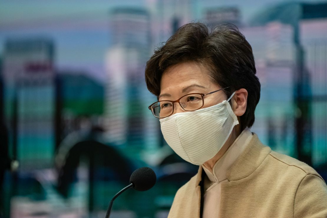 Hong Kong Chief Executive Carrie Lam at a press conference on November 11 after the government ousted four pro-democracy lawmakers.
