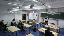 A ventilation system installed in a classroom at the IGS school in Mainz, western Germany, on November 12.