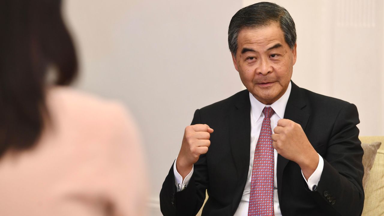 Former Hong Kong chief executive Leung Chun-ying speaks to the media after a celebration of the 40th anniversary of the establishment of the Shenzhen Special Economic Zone on October 14, 2020, in Hong Kong, China.