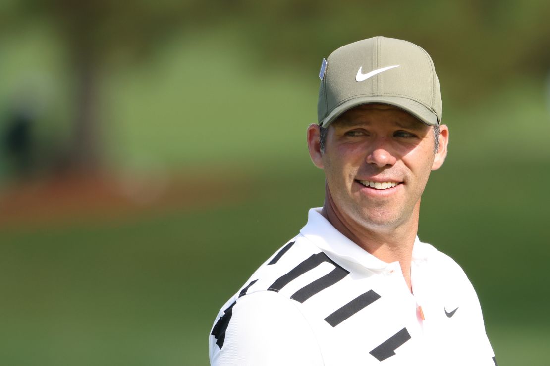 Reason to be cheerful. Paul Casey celebrates his eagle on the second at Augusta during his superb opening round.