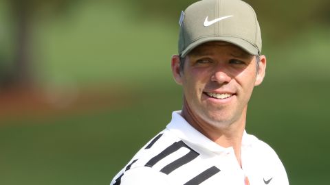 Reason to be cheerful. Paul Casey celebrates his eagle on the second at Augusta during his superb opening round.