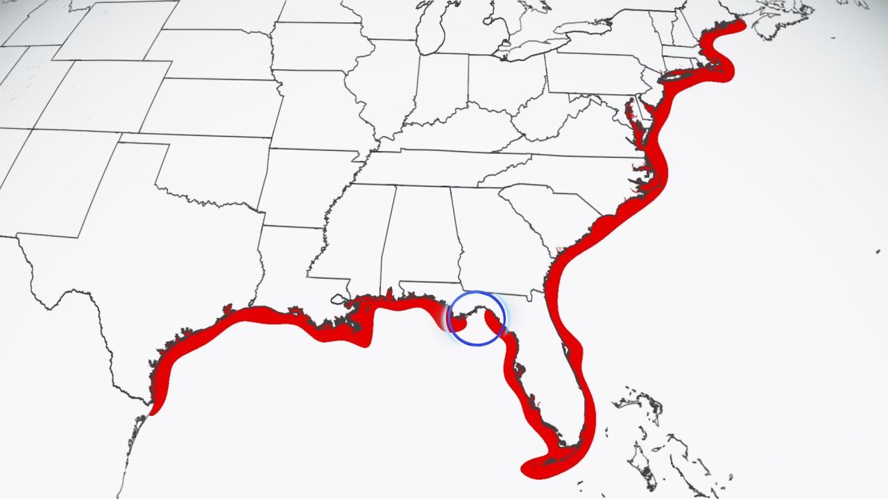 Almost the entire Gulf and Atlantic coastlines, save for a small area in Florida, have been under at least a tropical storm watch or stronger alert this year.
