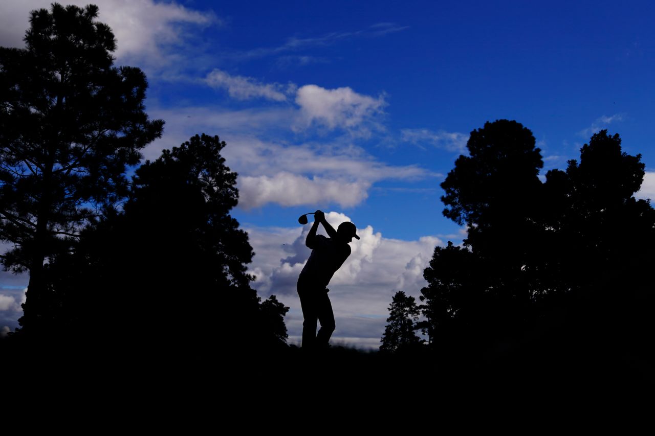 Simpson tees off on the ninth hole. The American finished the day five-under.
