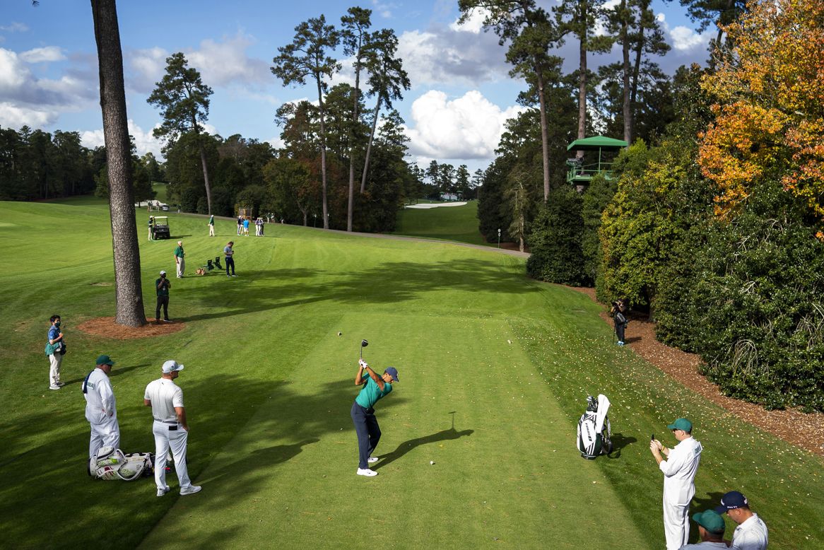 Tiger Woods tees off during a Masters practice round on Monday, November 9. The major golf tournament <a href="https://www.cnn.com/2020/11/12/golf/masters-2020-preview-tiger-woods-bryson-dechambeau-spt-intl/index.html" target="_blank">is taking place in the fall for the first time ever.</a> It had been postponed because of the coronavirus pandemic.