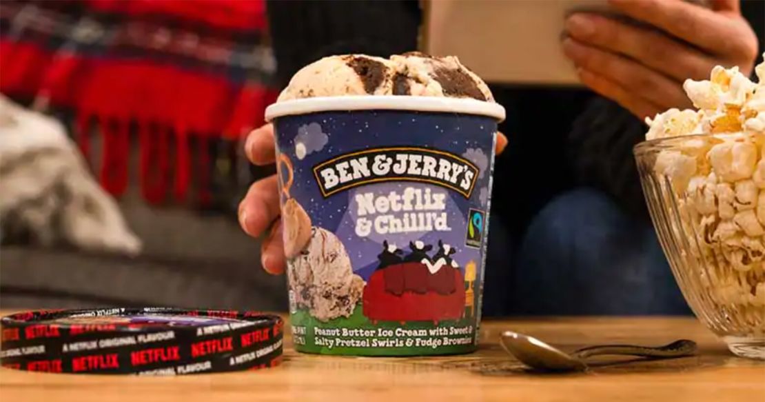Ben & Jerry's Netflix & Chilll'd is a peanut butter ice cream with sweet and salty pretzel swirls and fudge brownies.