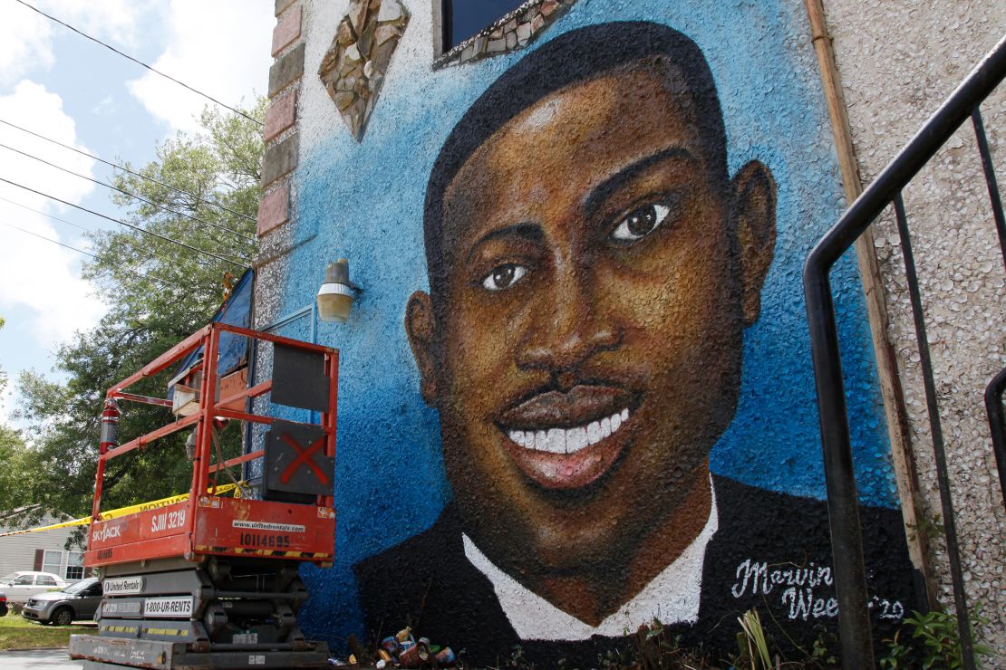 A mural of Ahmaud Arbery in Brunswick, where the 25-year-old was shot and killed in February. 