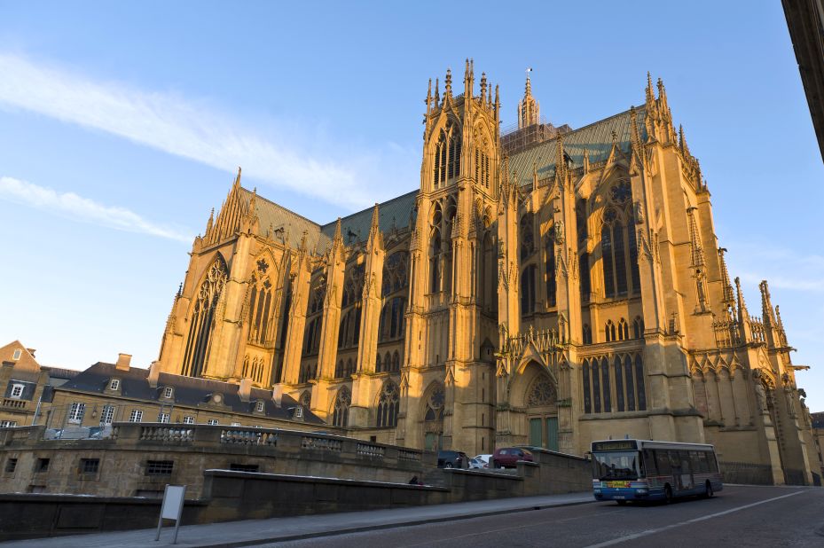 Metz, France -- The Metz Cathedral or Cathedral of Saint Stephen celebrates its 800th anniversary this year. Its nickname, "God's Lantern" is befitting both of the building's distinctive honey-like glow -- a property of the  local limestone -- and an expanse of stained glass that is among the world's largest.  