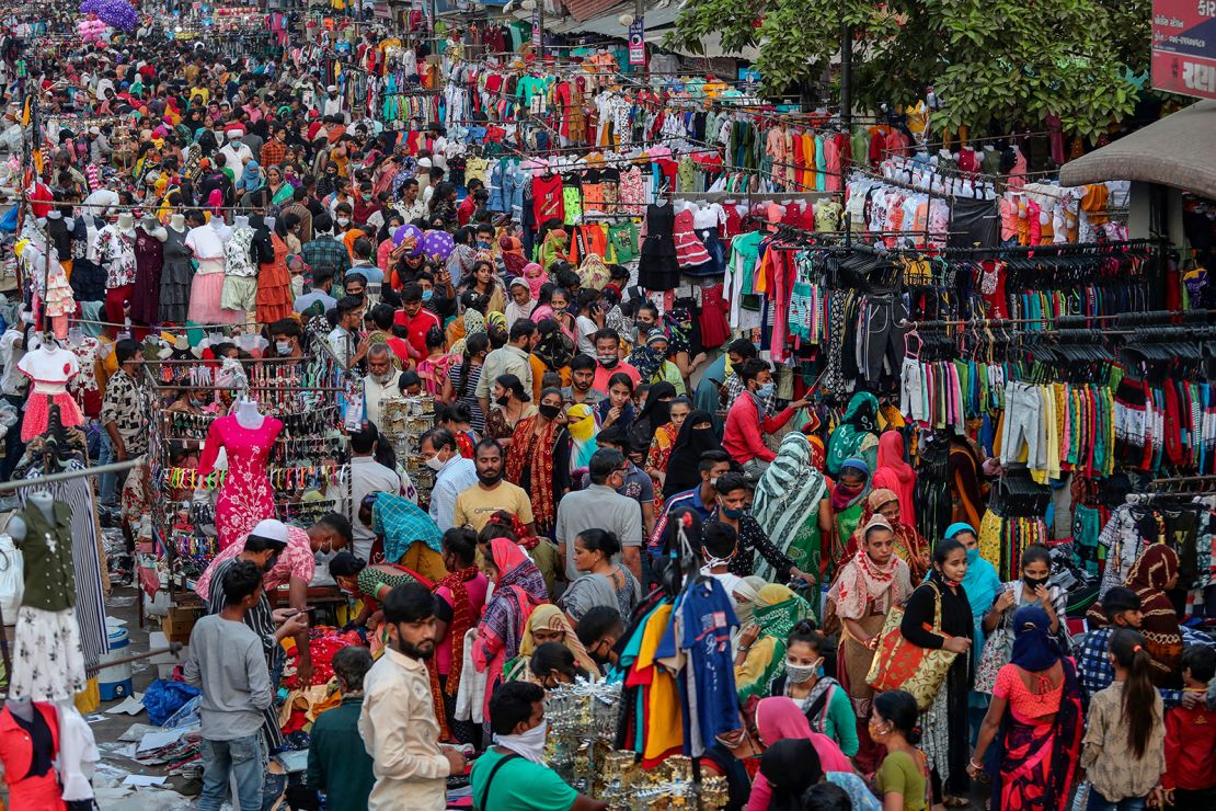 Indians throng a market for shopping ahead of Hindu festival Diwali in Ahmedabad, India, on Novermber 9, 2020.