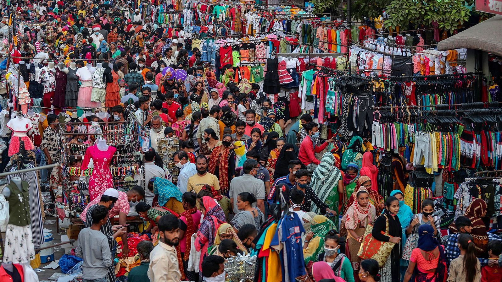 Indians throng a market for shopping ahead of Hindu festival Diwali in Ahmedabad, India, on Novermber 9, 2020.