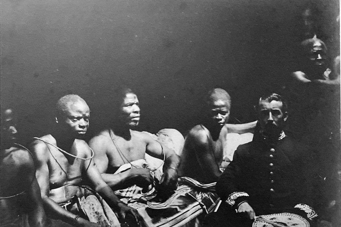 A meeting between Benin chiefs and Vice-Consul Henry Galway of the Niger Coast Protectorate in 1892. The British wanted palm oil and rubber from Bini territory, and plotted to depose the king over restrictions on trade.