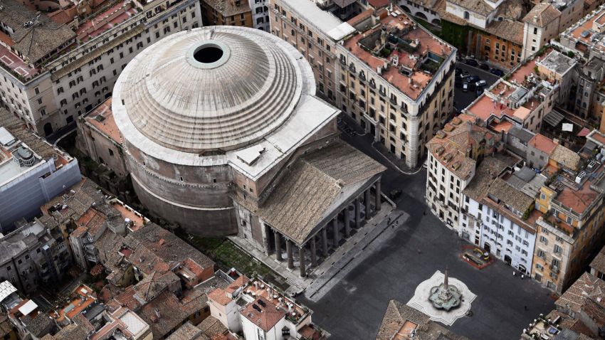 This aerial photograph taken on May 1, 2020 shows the empty Piazza del Pantheon in Rome on May day during the country's lockdown aimed at curbing the spread of the COVID-19 (the novel coronavirus). (Photo by Filippo MONTEFORTE / AFP) (Photo by FILIPPO MONTEFORTE/AFP via Getty Images)
