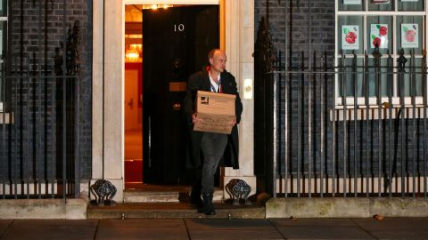 Dominic Cummings, special adviser to UK prime minister Boris Johnson, carries a box as he departs from No 10 Downing Street in London on Friday 13.