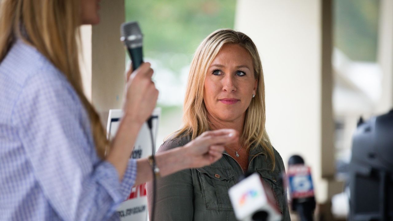DALLAS, GA - OCTOBER 15: Sen. Kelly Loeffler (R-GA) speaks after being endorsed by Georgia Republican House candidate Marjorie Taylor Greene (R) during a joint press conference on October 15, 2020 in Dallas, Georgia. Greene has been the subject of some controversy recently due to her support for the right-wing conspiracy group QAnon. (Photo by Dustin Chambers/Getty Images)