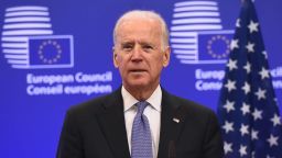 US Vice President Joe Biden speaks while meeting with European Union President on February 6, 2015 at the EU Headquarters in Brussels. Ukraine is battling to survive in the face of escalating Russian involvement and needs the EU and US to stand together, Biden said during a visit to Brussels. AFP PHOTO / EMMANUEL DUNAND (Photo by Emmanuel DUNAND / AFP) (Photo by EMMANUEL DUNAND/AFP via Getty Images)