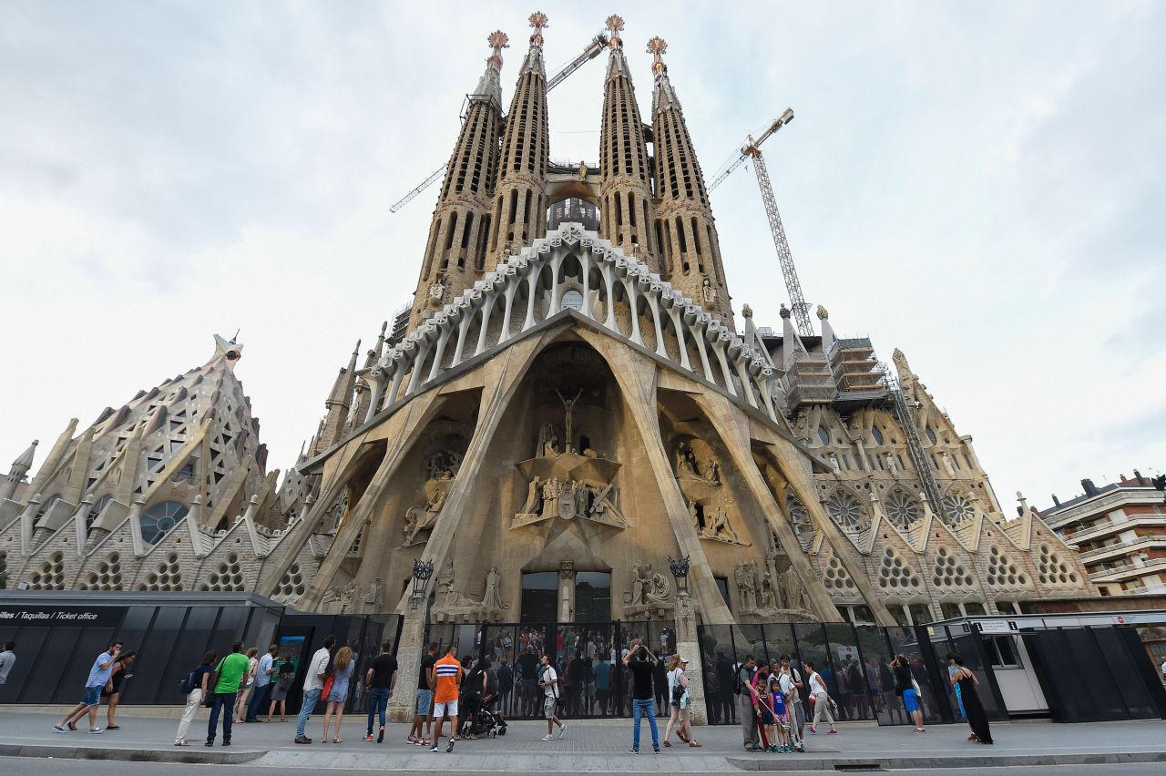 Spain, Barcelona -- The Sagrada Família. Construction of the neo-Gothic basilica began in 1882 and remains unfinished to this day.