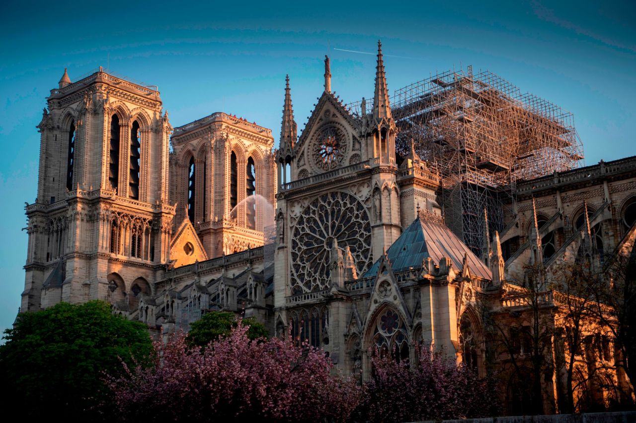 Paris, France -- The Notre Dame Cathedral is a treasure of French Gothic architecture. A devastating fire in 2019 caused its spire to collapse. Restoration efforts have been put on hold due to the pandemic. 