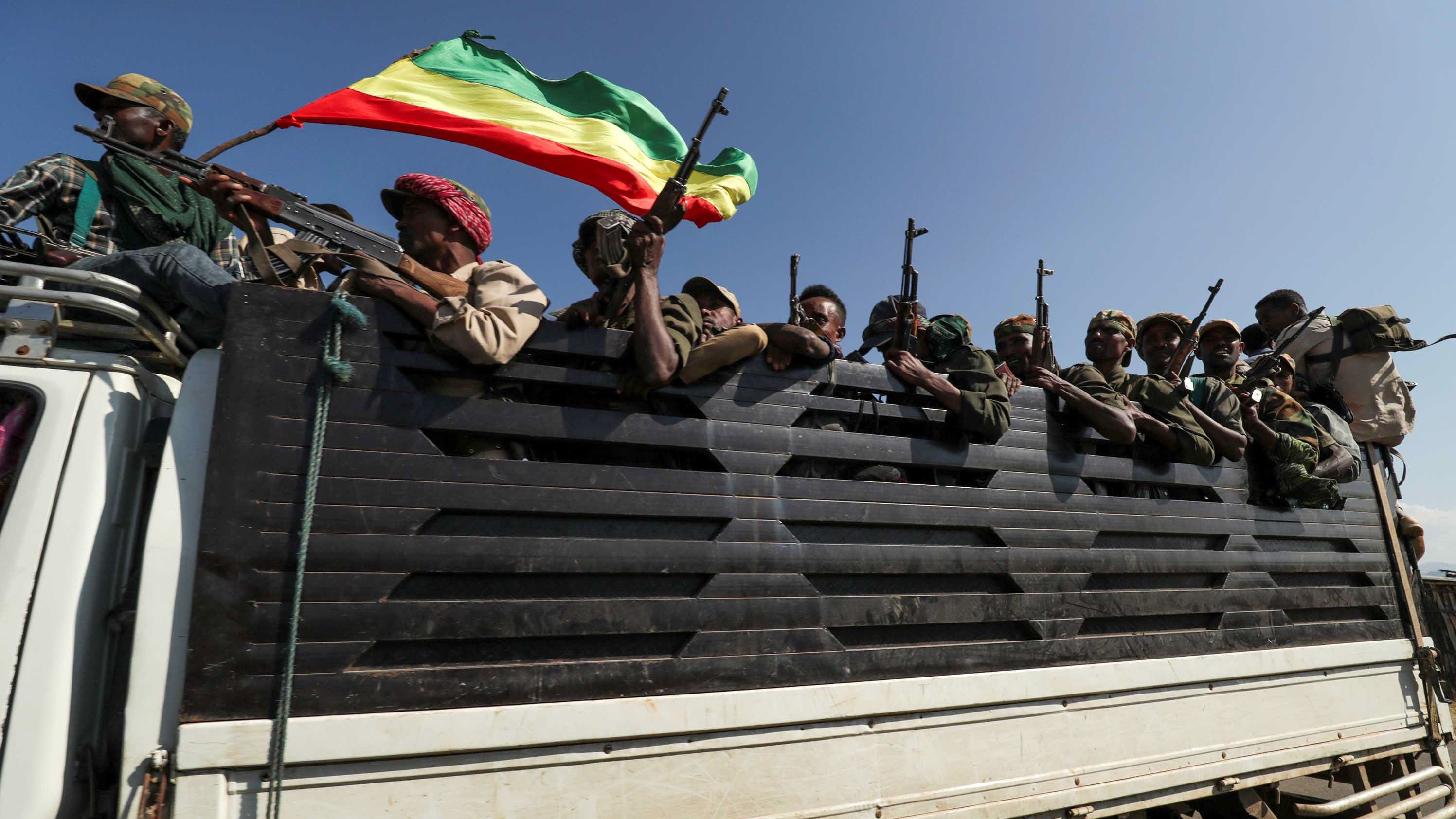 Members of Amhara region militias as they head to face the Tigray People's Liberation Front, in Sanja, Amhara region.