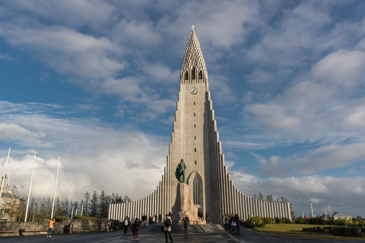 Reykjavik, Iceland -- Hallgrímskirkja Cathedral is among the tallest structures in Iceland and took more than four decades to build. Its architect referenced Icelandic traditions and materials in his design, and part of the church's structure symbolizes the country's mountains and glaciers.