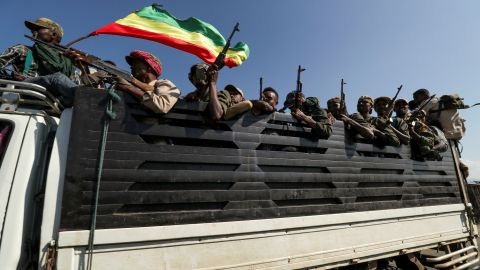Members of Amhara region militias ride on their truck as they head to face the Tigray People's Liberation Front (TPLF), in Sanja, Amhara region near a border with Tigray, Ethiopia, November 9.