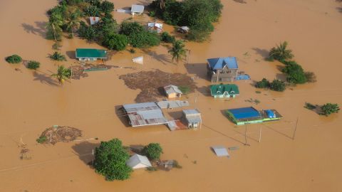 Houses are submerged in flooded areas in Cagayan valley region, northern Philippines on November 14, 2020. 