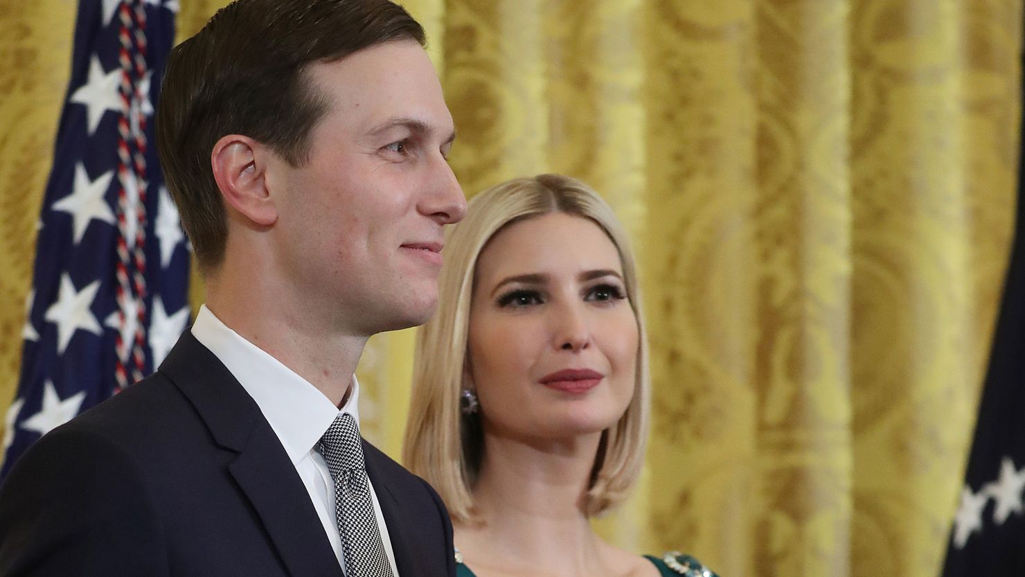 White House senior advisers Jared Kushner and Ivanka Trump stand with their children during a Hanukkah reception in the East Room of the White House on December 11, 2019.