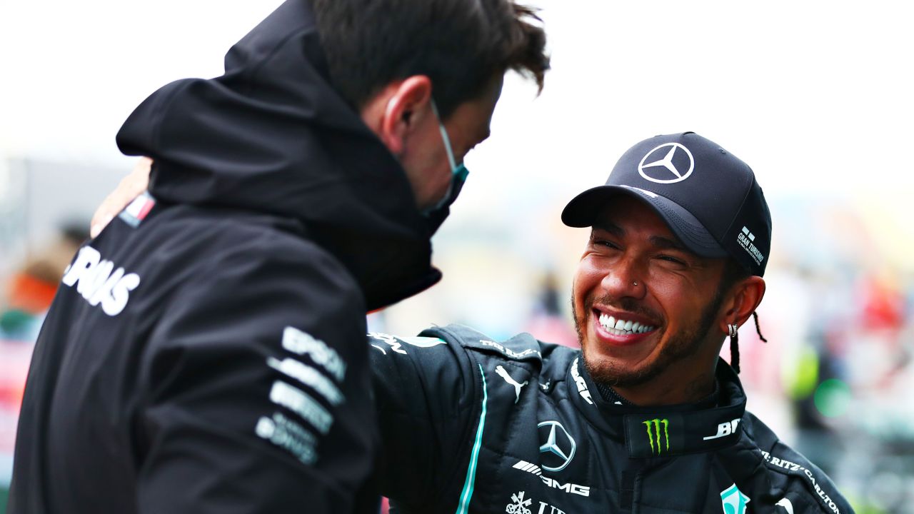 Hamilton with Mercedes boss Toto Wolff. 