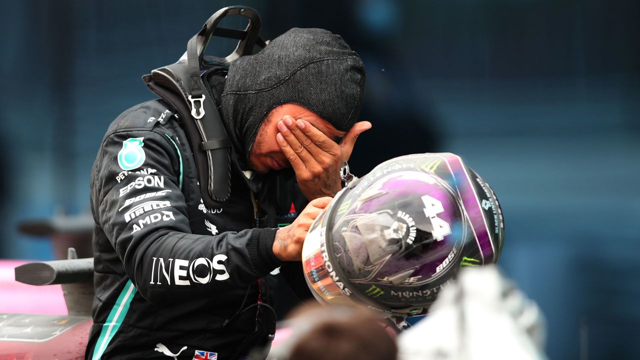 An emotional Hamilton after the race.  He then said he might celebrate with minestrone soup and wine. 