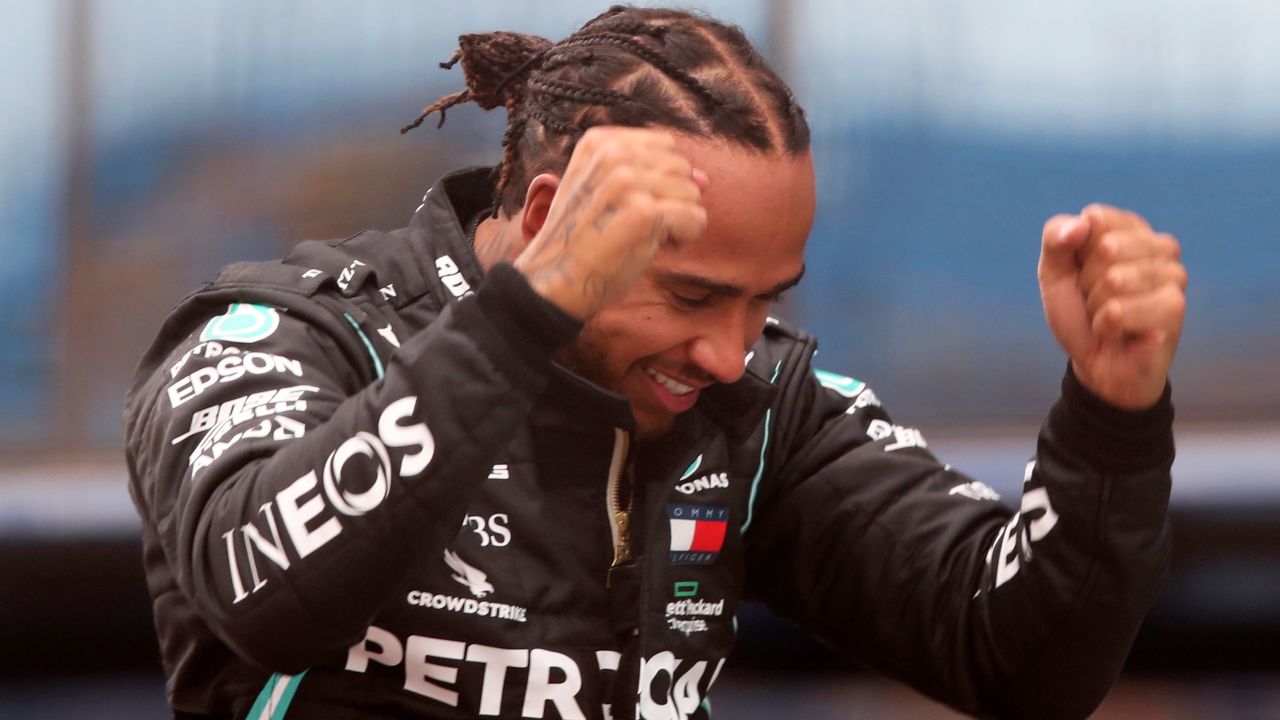 Hamilton celebrates after winning the Turkish Grand Prix.