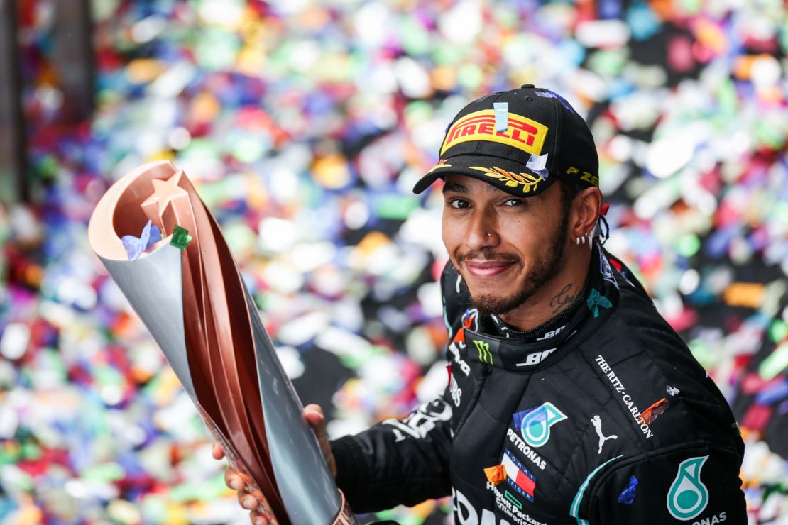 Lewis Hamilton celebrates his seventh world title after victory at the Turkish Grand Prix on November 15.