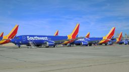 Southwest Airlines Boeing 737 MAX airliners sit at the Southern Logistics Airport on March 31, 2020, in Victorville, CA. Southwest Airlines had to temporarily store all of its 737 MAX fleet due to the worldwide grounding order as a result of a faulty automated flight control system which is suspected to have contributed to the types crashes in Ethiopia and Indonesia that killed 346 people. (Photo by Barry Ambrose/Icon Sportswire via Getty Images)