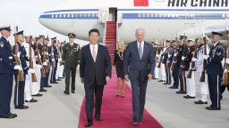 WASHINGTON D.C., Sept. 24, 2015-- Chinese President Xi Jinping and his wife Peng Liyuan are welcomed by U.S. Vice President Joe Biden and his wife at Andrews Air Force Base in Washington D.C., the United States, Sept. 24, 2015. Xi arrived here Thursday to meet with his U.S. counterpart Barack Obama and other U.S. political leaders as part of his first state visit to the United States. (Xinhua/Huang Jingwen via Getty Images)