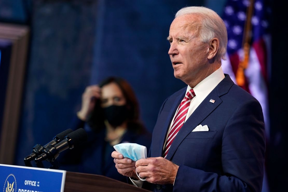 President-elect Joe Biden, accompanied by Vice President-elect Kamala Harris, speaks about economic recovery at The Queen theater, Monday, November 16, in Wilmington, Delaware. 