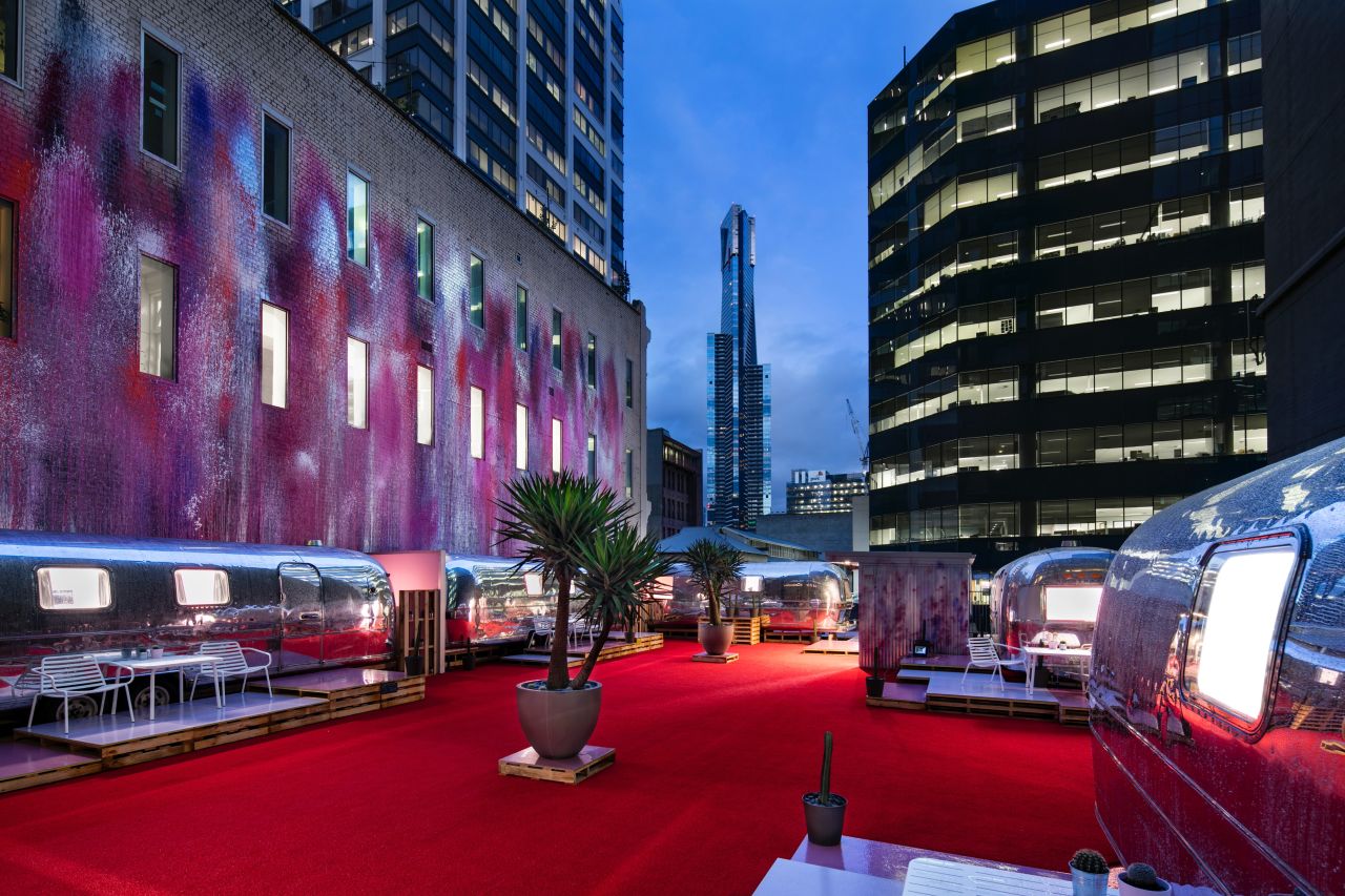 Notel Melbourne features six Airstreams atop a building in downtown Melbourne, Australia.