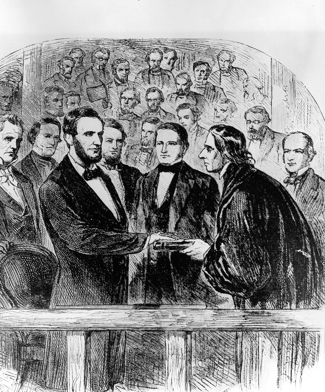 Abraham Lincoln's inauguration as 16th President of the United States at Washington, D.C., with outgoing President James Buchanan and Chief Justice of the United States Roger Brooke Taney. 