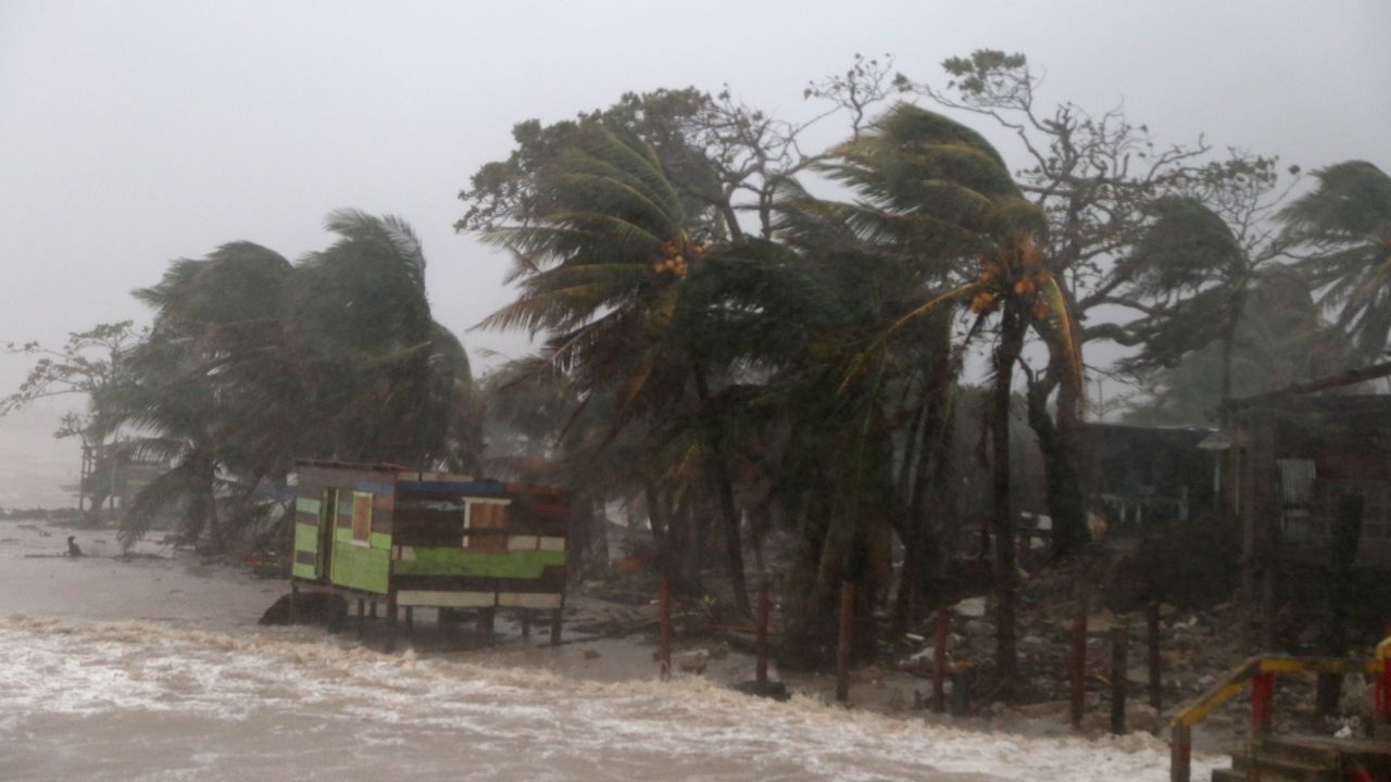 Palm trees blow as Nicaragua braces for Iota's landfall on November 16 in Puerto Cabezas.