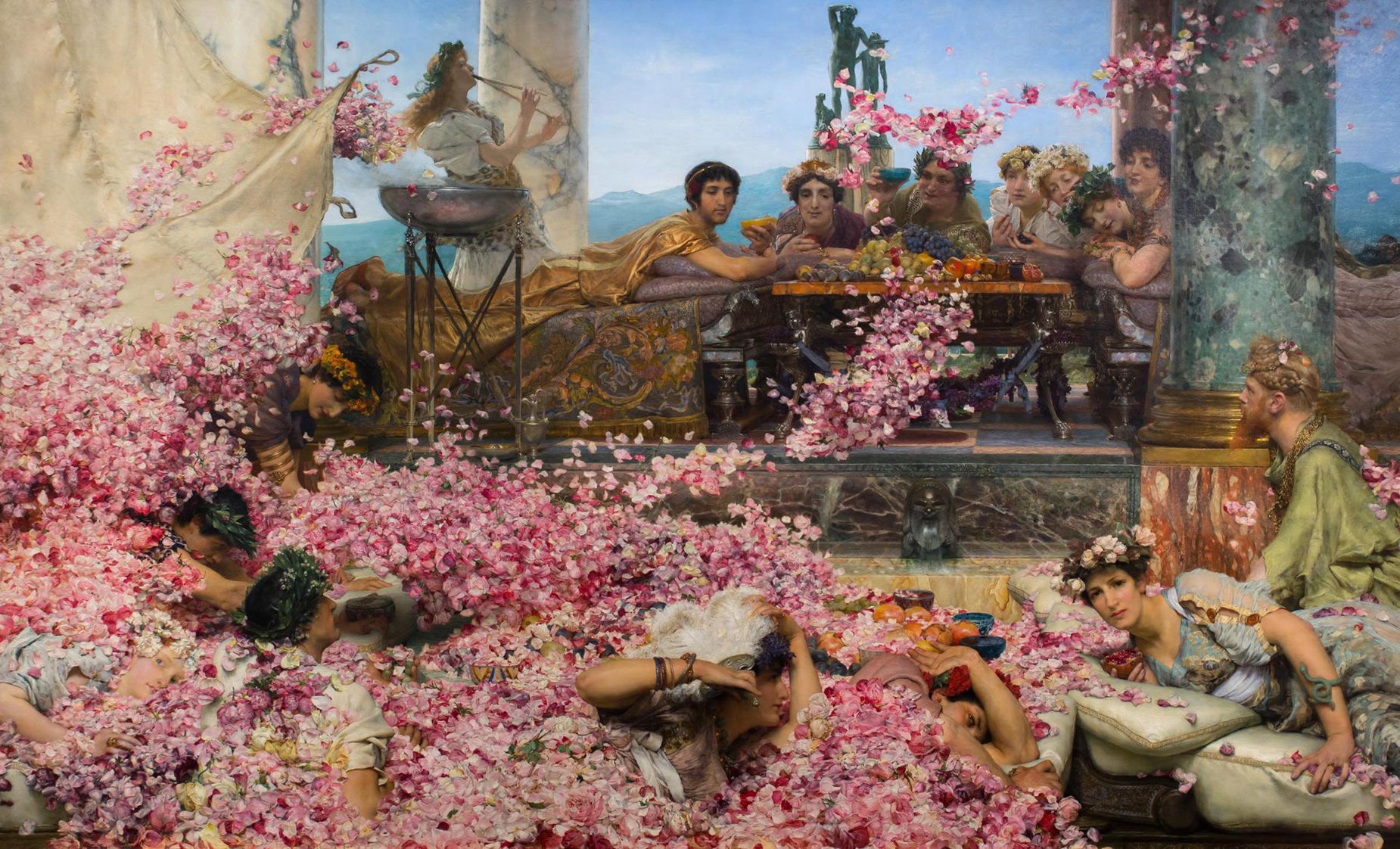"The Roses of Heliogabalus" by Lawrence Alma-Tadema (1888) illustrating celestial Roman diners at a banquet.