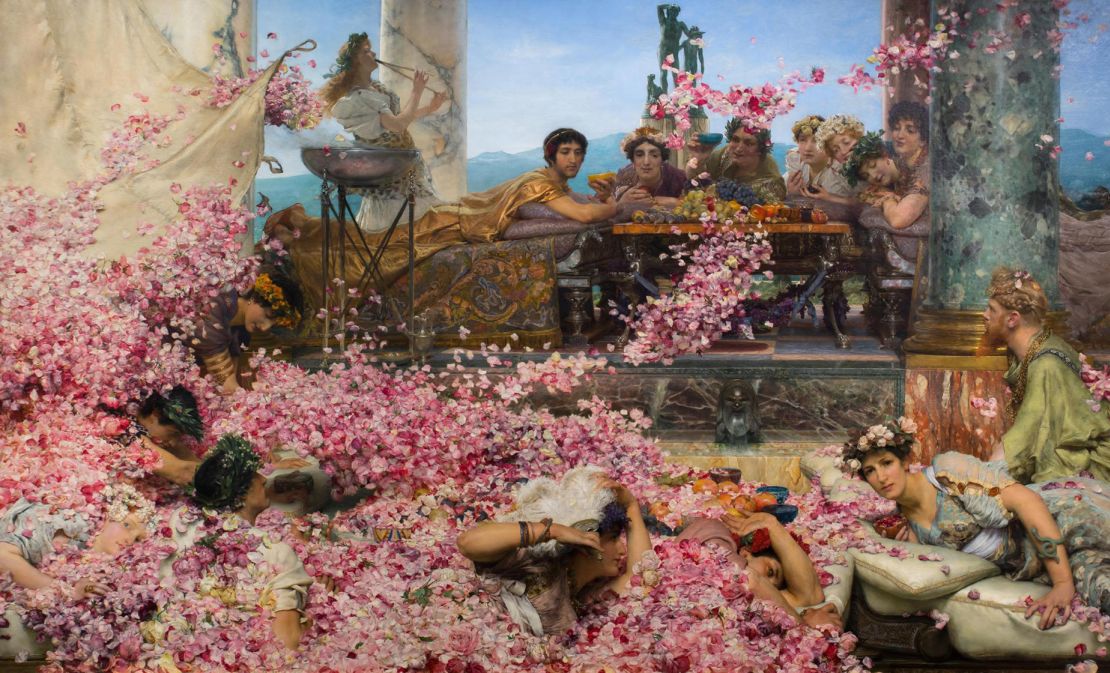 "The Roses of Heliogabalus" by Lawrence Alma-Tadema (1888) illustrating celestial Roman diners at a banquet.