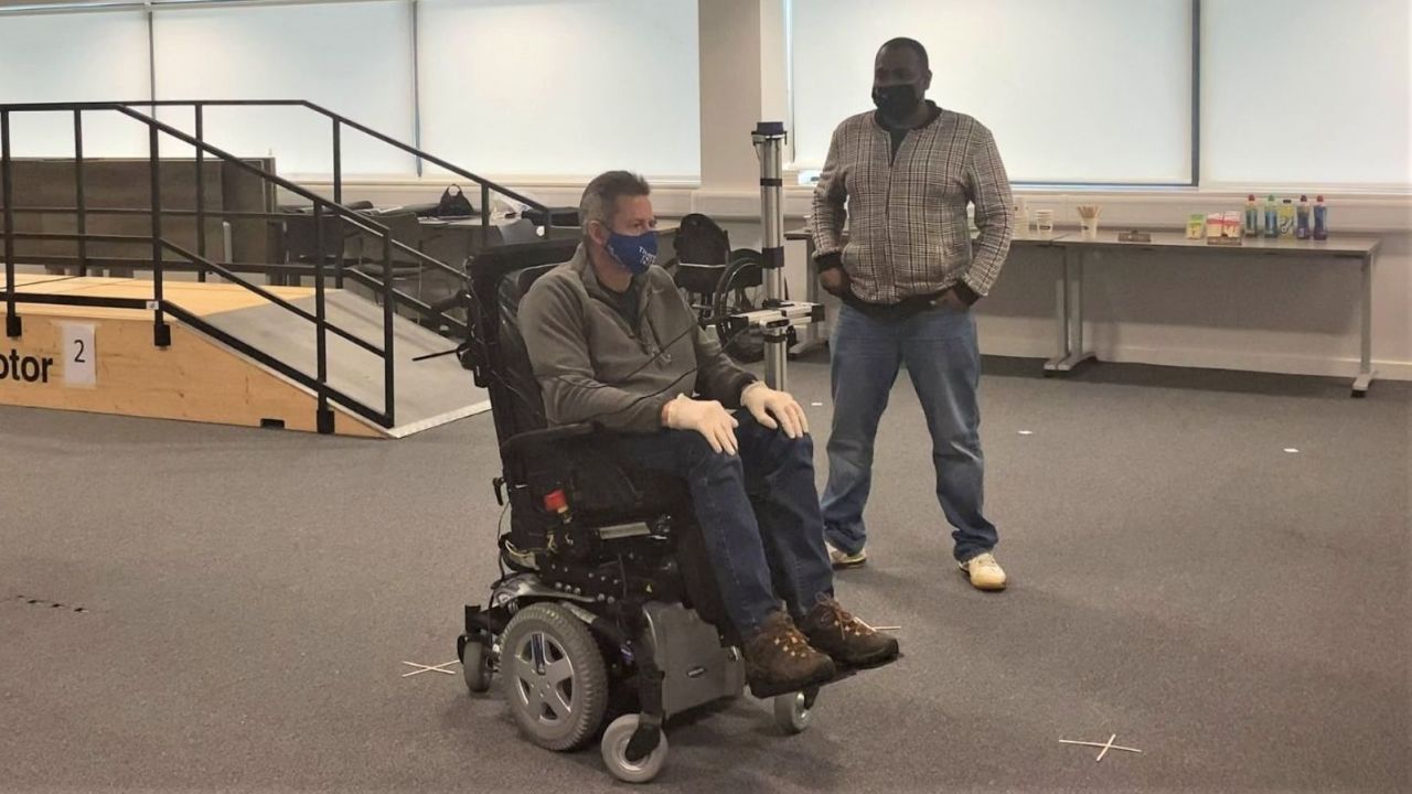 Paul Moore pilots the wheelchair during the Cybathlon competition.