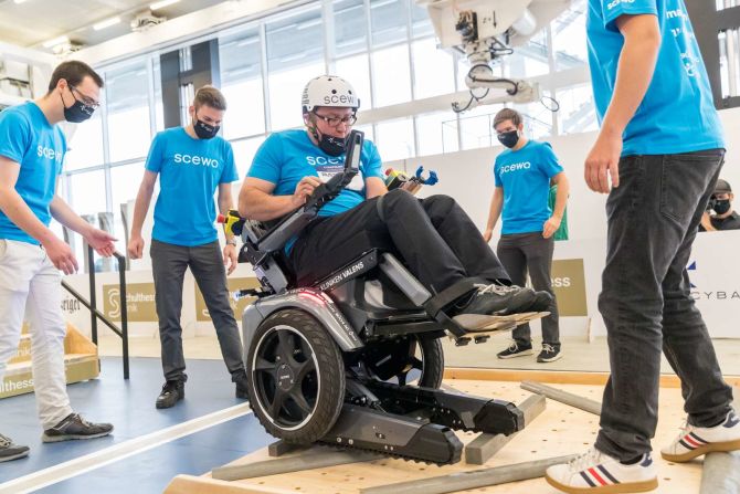 The Cybathlon competition brings together people with physical disabilities to compete in everyday tasks using state-of-the-art assistance technologies. Zurich-based team Scewo competed in the powered wheelchair race, where they had to traverse uneven terrain.