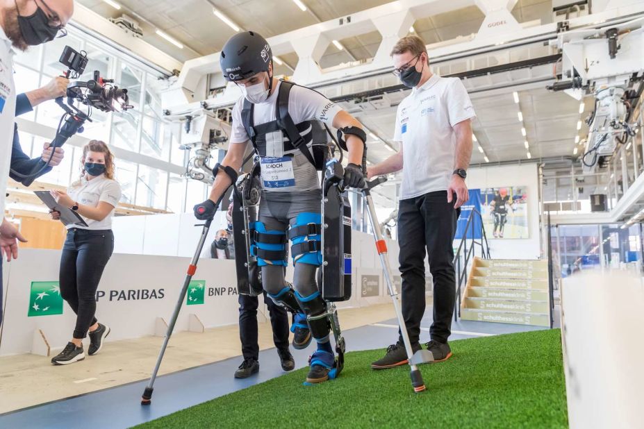 Competing in the powered exoskeleton race, this wearable powered suit structure supports people with spinal cord injuries. 