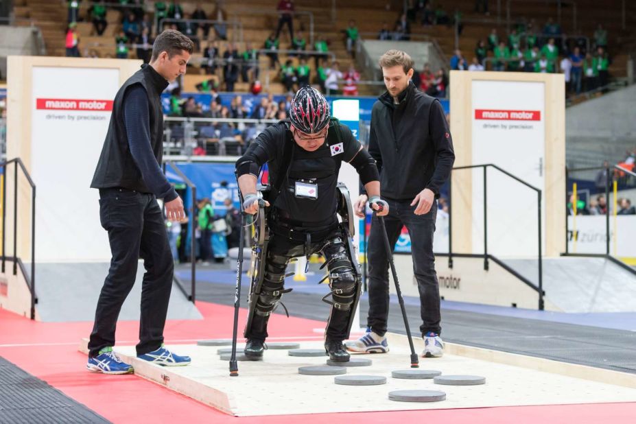 In this event at Cybathlon 2016, different shaped objects were placed on the ground to create an uneven surface, adding to the challenge.  