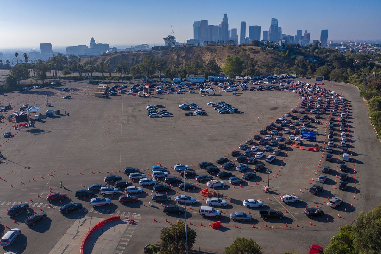 Cars line up at Los Angeles' Dodger Stadium for Covid-19 testing on November 14.