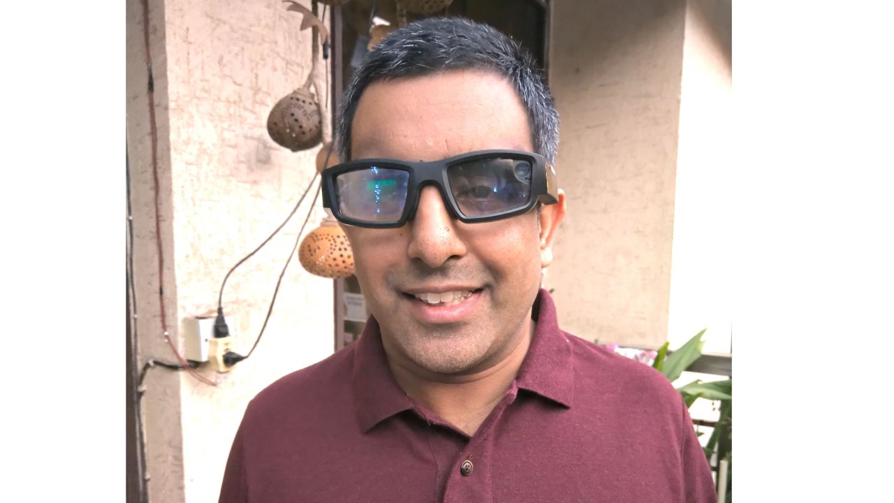 Pranav Lal wears Vuzix Blade Smart Glasses containing a camera, which records images The vOICe converts into sound.