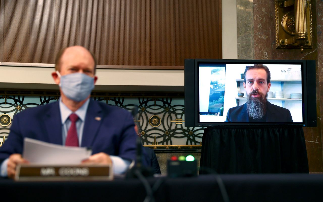 Twitter CEO Jack Dorsey<a href="https://www.cnn.com/business/live-news/mark-zuckerberg-jack-dorsey-senate-testimony/index.html" target="_blank"> testifies remotely</a> during the Senate Judiciary Committee hearing "Breaking the News: Censorship, Suppression, and the 2020 Election," on Capitol Hill in Washington on Tuesday, November 17. Facebook's Mark Zuckerberg and Dorsey testified on the social platforms' content moderation policies.