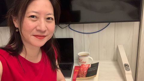 Novelist Cheryl Lu-Lien Tan quarantined in a hotel room at the Tan Village Hotel Sentosa in Singapore in March.